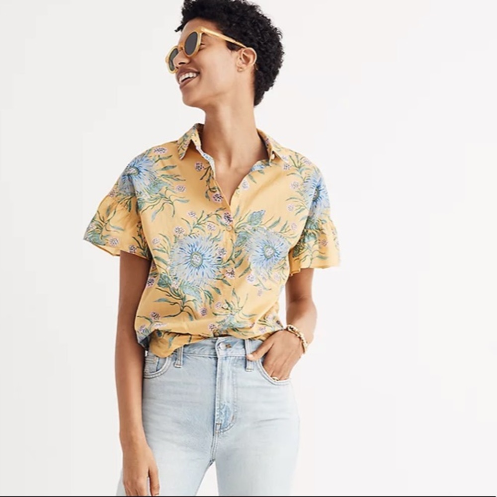 Ruffle-Sleeve Button-Down Shirt in Painted Blooms